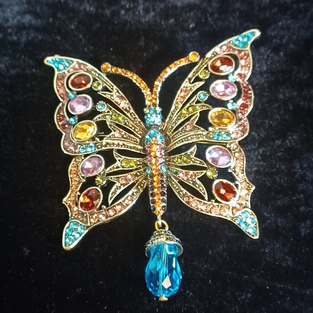 Large Golden Butterfly Brooch - Multi Colored Rhinestones